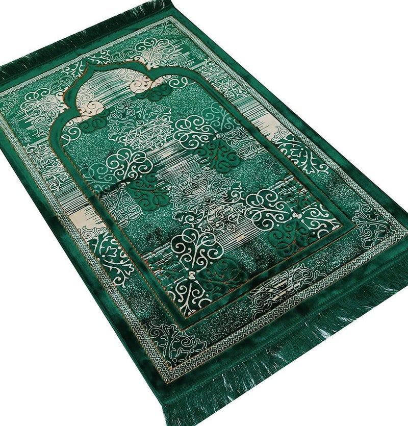 Modefa Prayer Mat | Turkish Velvet Muslim Prayer Rug Muslim Prayer Mat Islam | Soft Beautiful Prayer Rug Janamaz Sajjadah with Car Hanger | Classic Elegant Swirl (Green) - Image 5